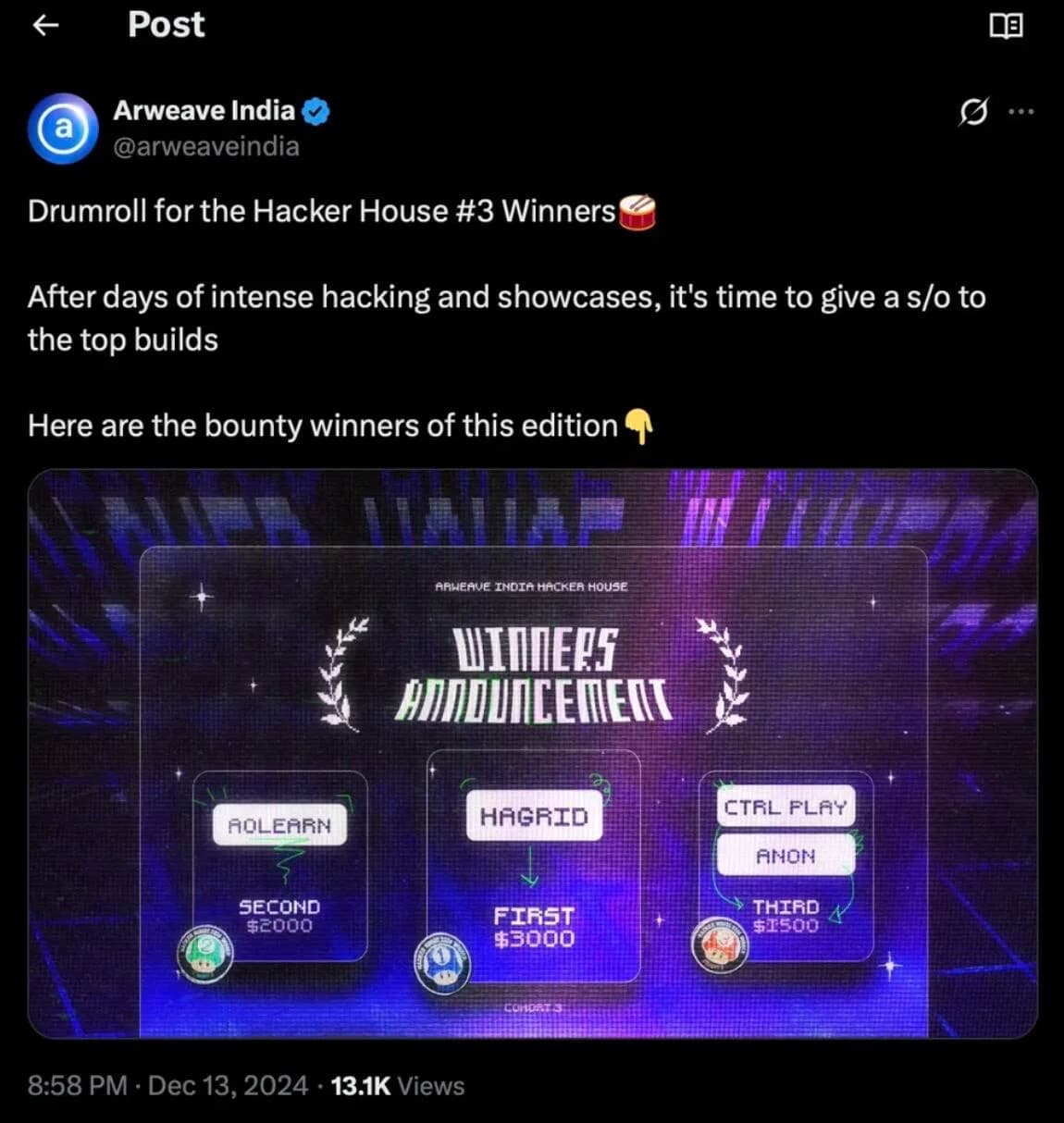 Arweave India's post announcing the Hacker House #3 bounty winners