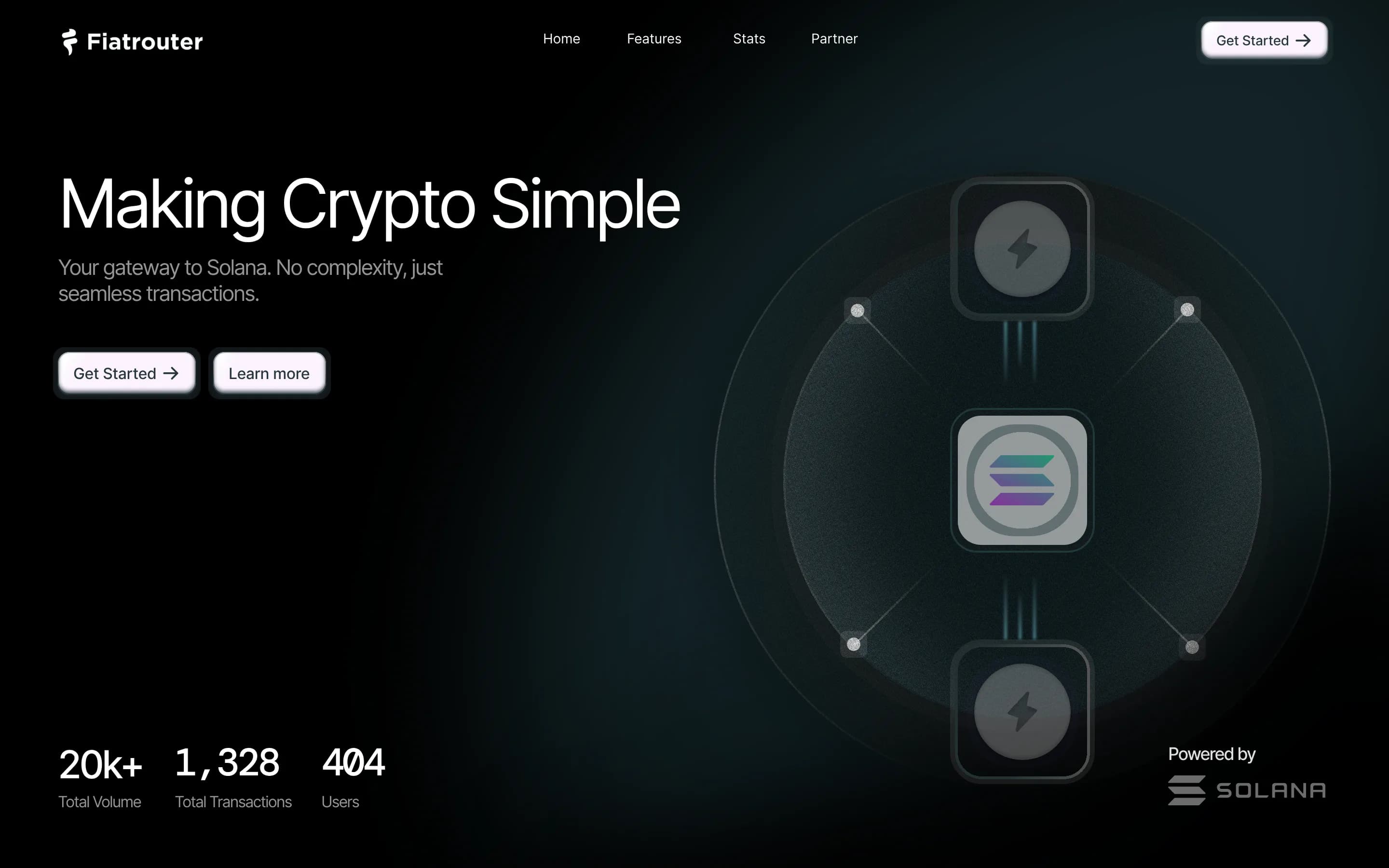 Fiatrouter landing page: Making Crypto Simple, your gateway to Solana