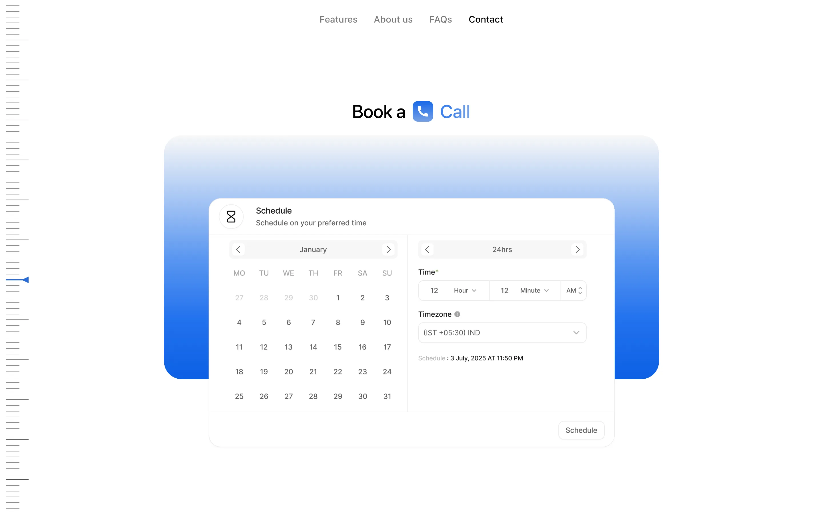 Chem0 Book a Call page with a calendar, time and timezone scheduler