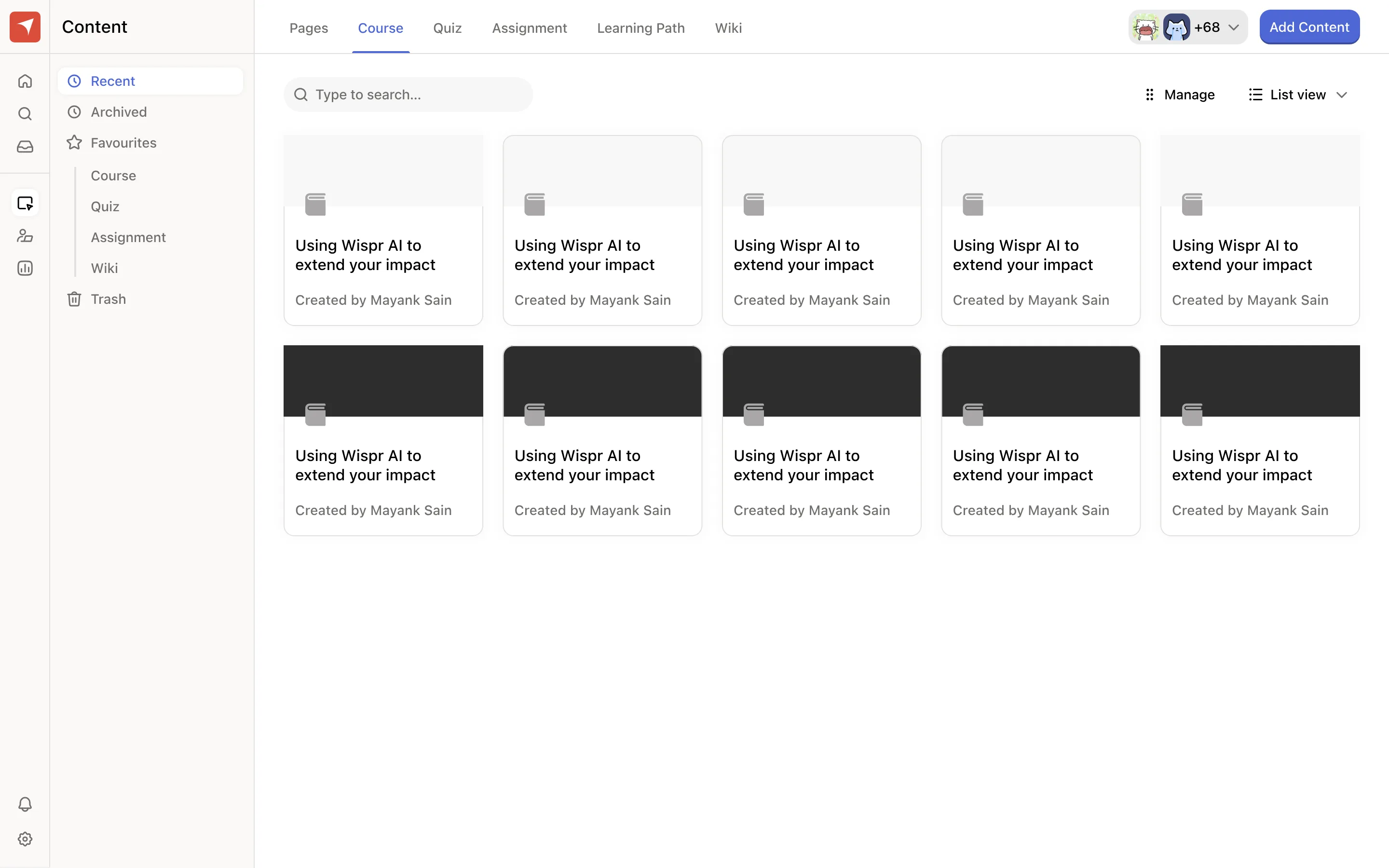 Edulume concept: the content library in a compact grid with a folder sidebar