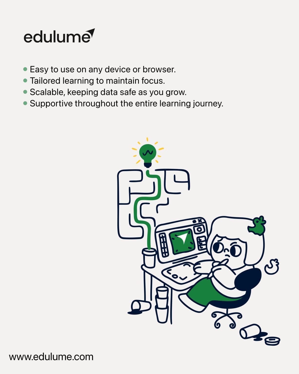 Edulume poster with an illustrated student at a computer