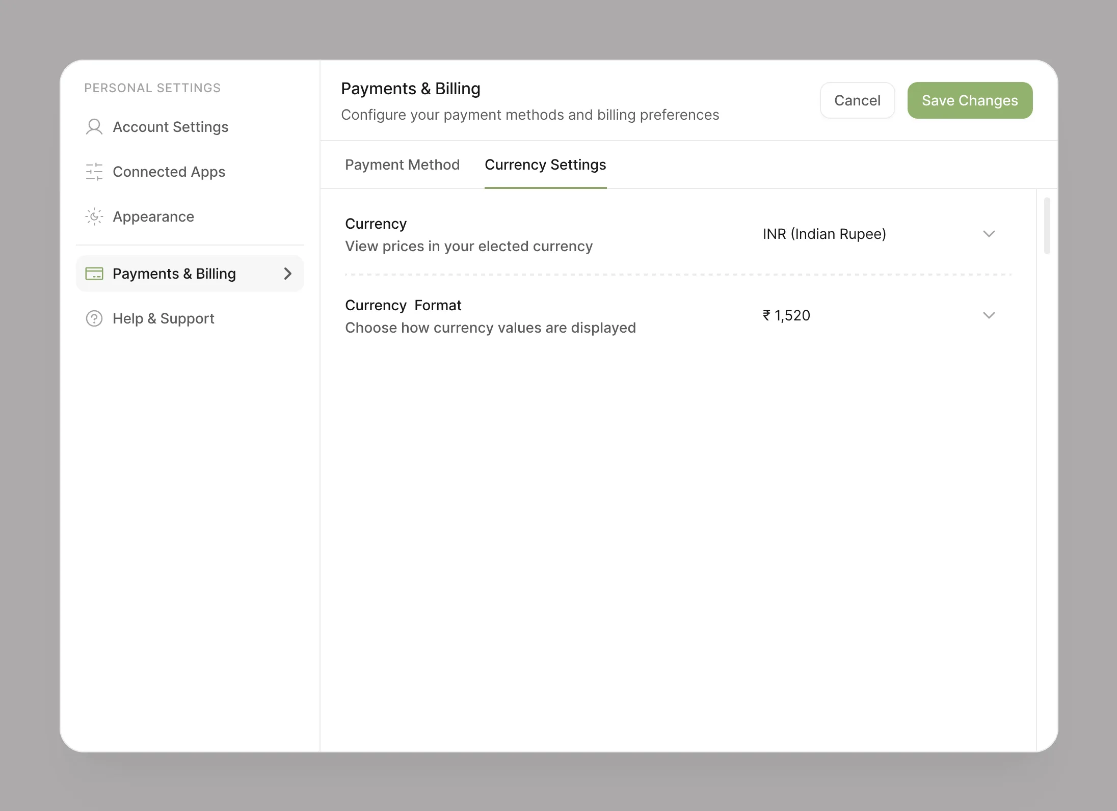 Plobbo Payments and Billing: currency and currency format settings