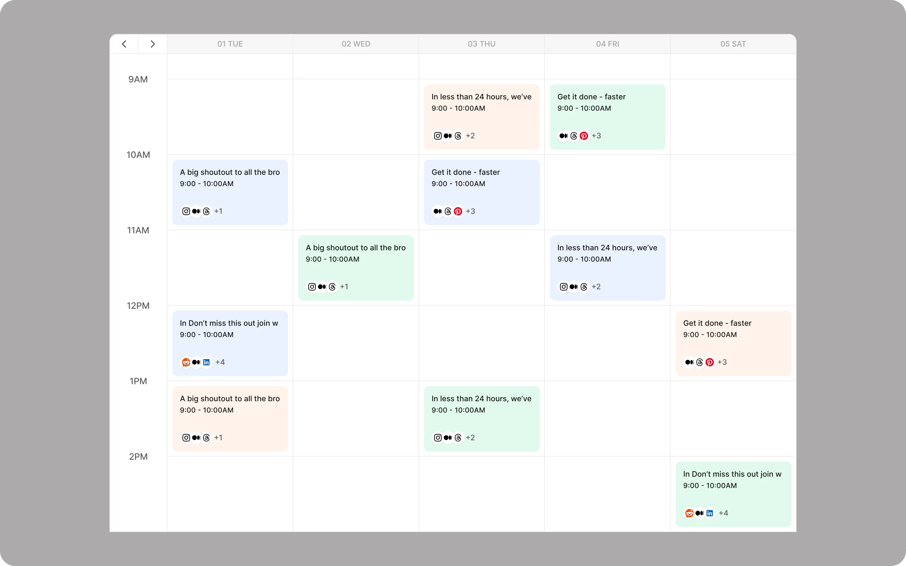 Plobbo content calendar: a week of scheduled posts with the platforms each goes to