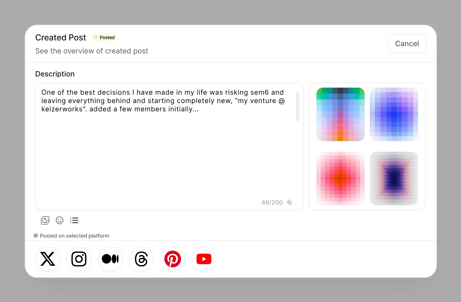 Plobbo created post: the description, generated images, and the platforms it was posted to
