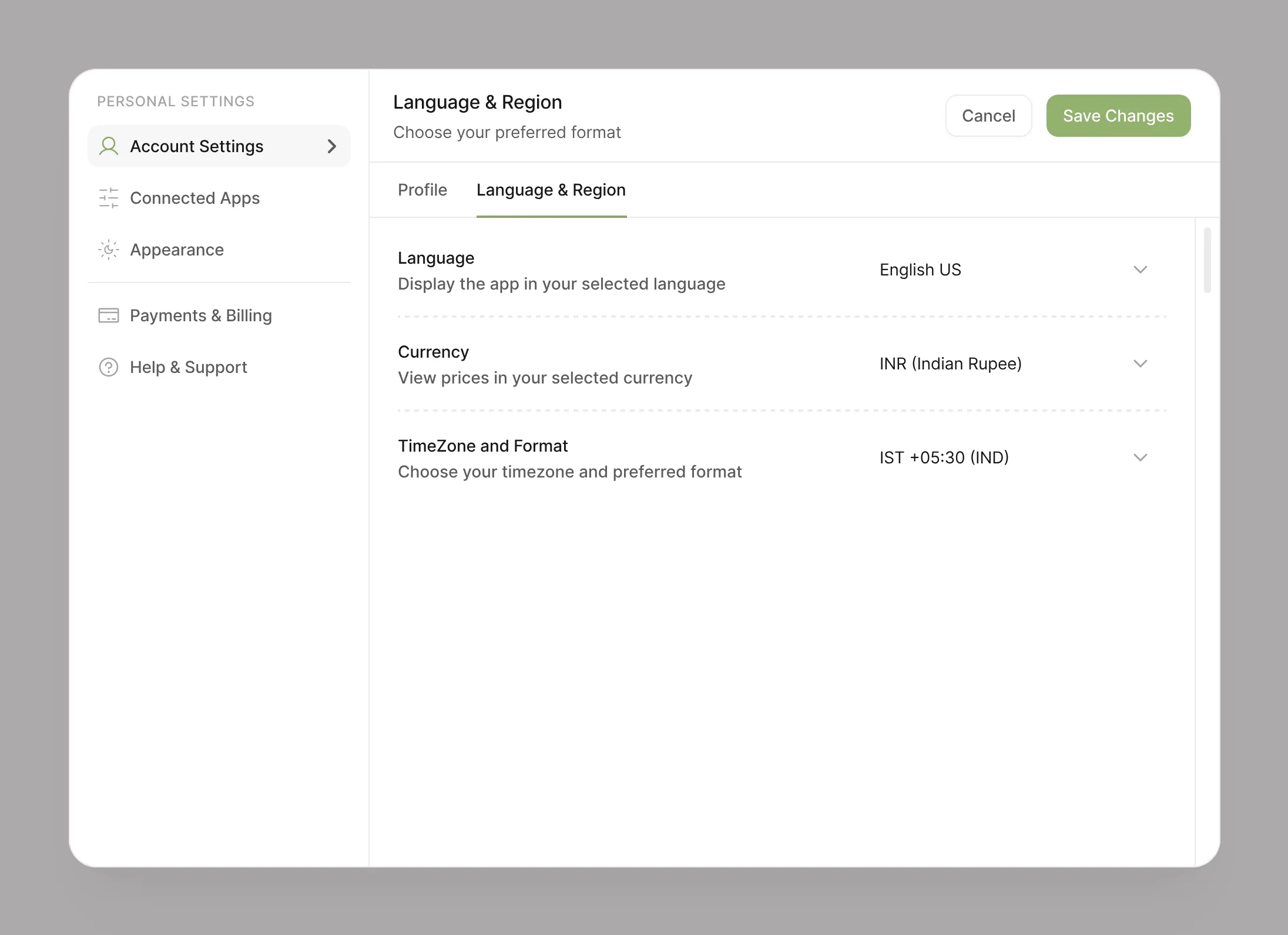 Plobbo settings: Language and Region, with language, currency, and timezone
