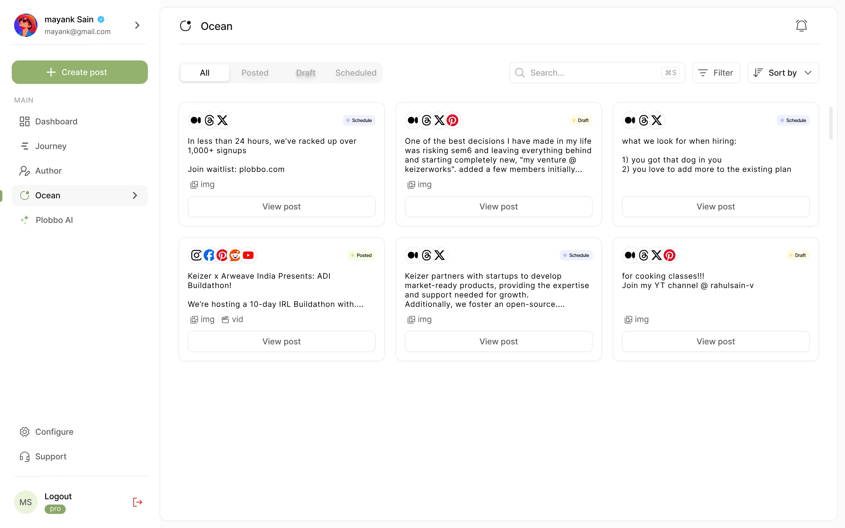Plobbo Ocean dashboard: every post for X, Threads, Medium and Pinterest, filtered by All, Posted, Draft and Scheduled