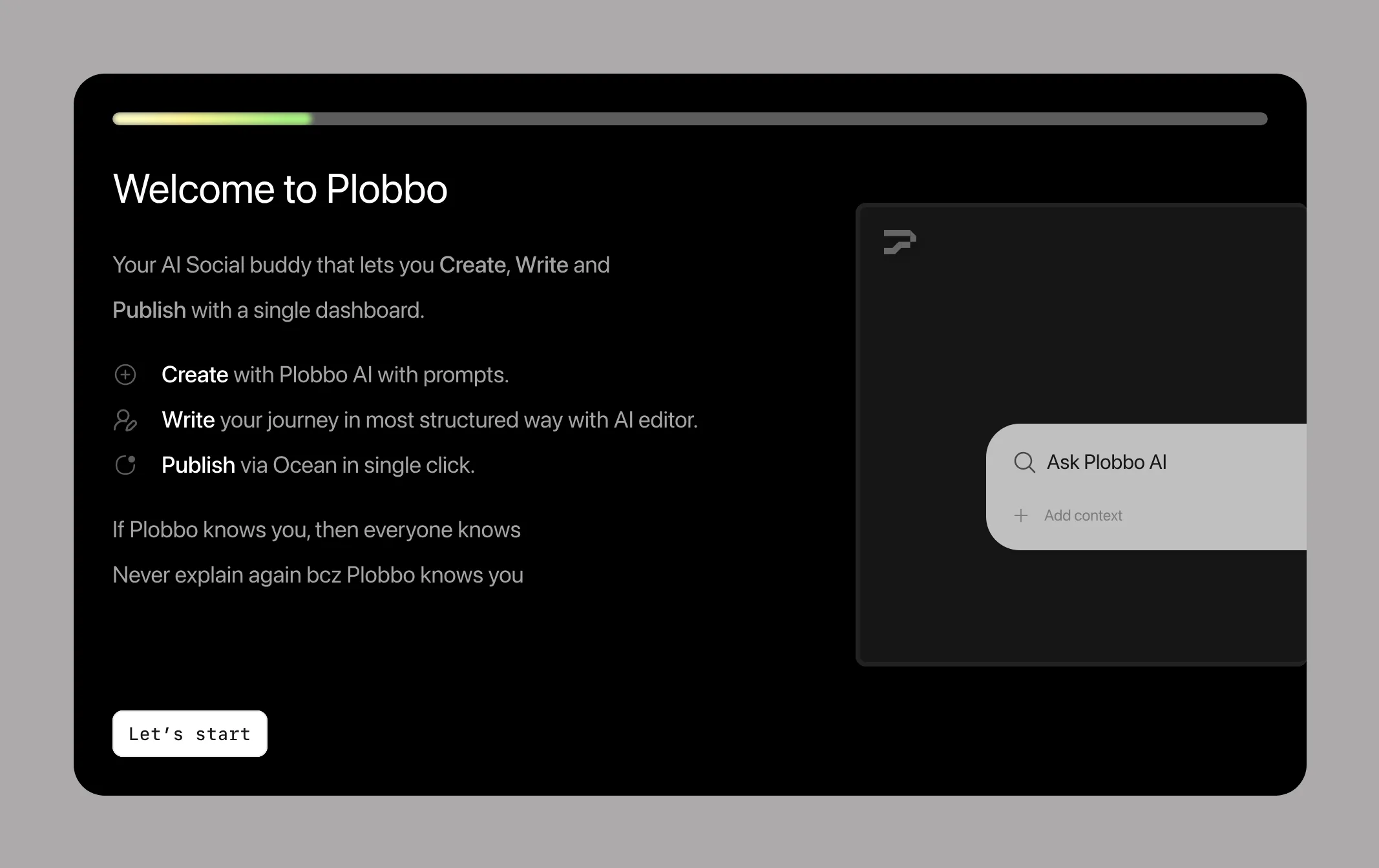 Welcome to Plobbo onboarding: create with Plobbo AI, write your journey, publish via Ocean