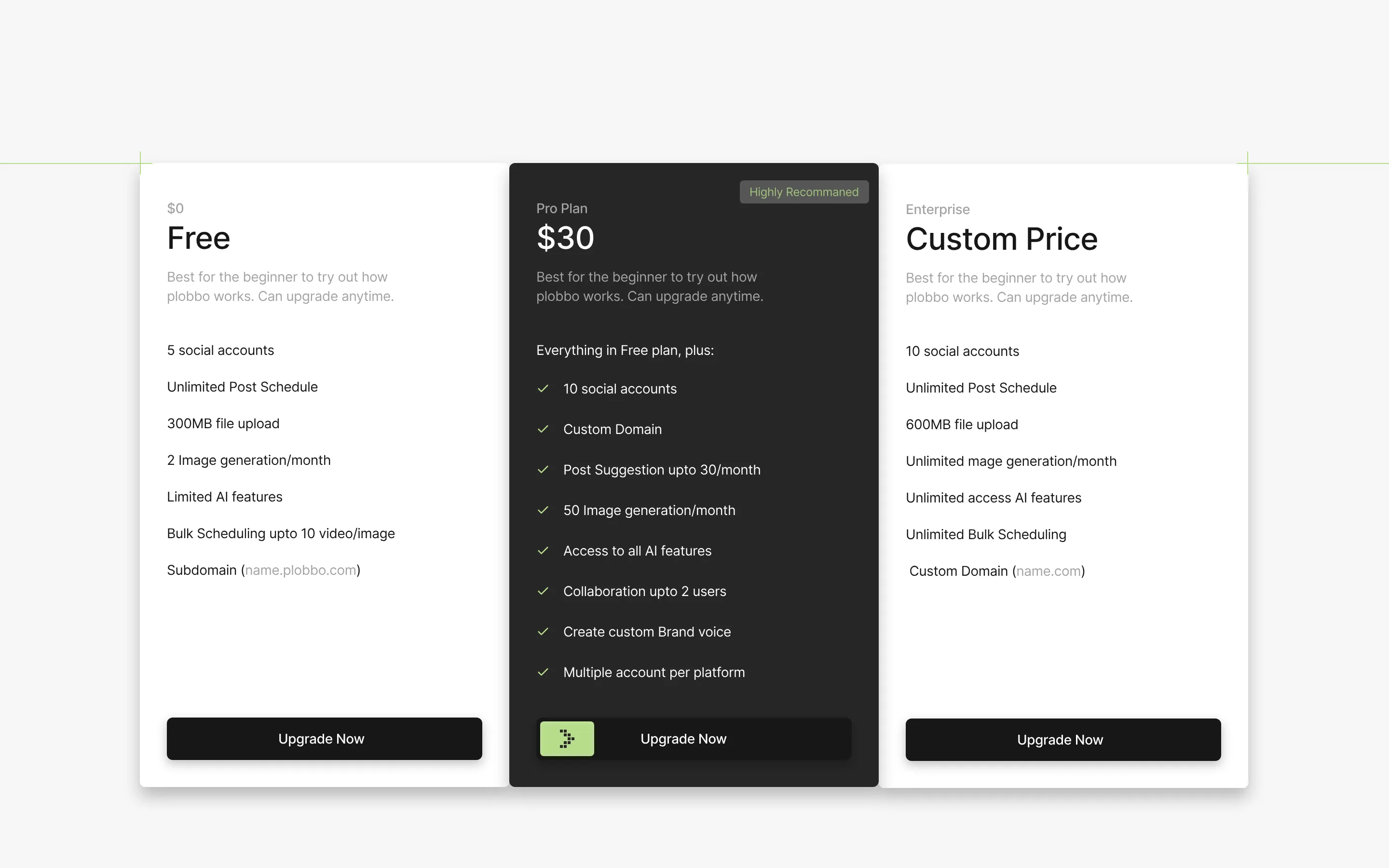 Plobbo pricing: Free, Pro at $30, and Enterprise plans