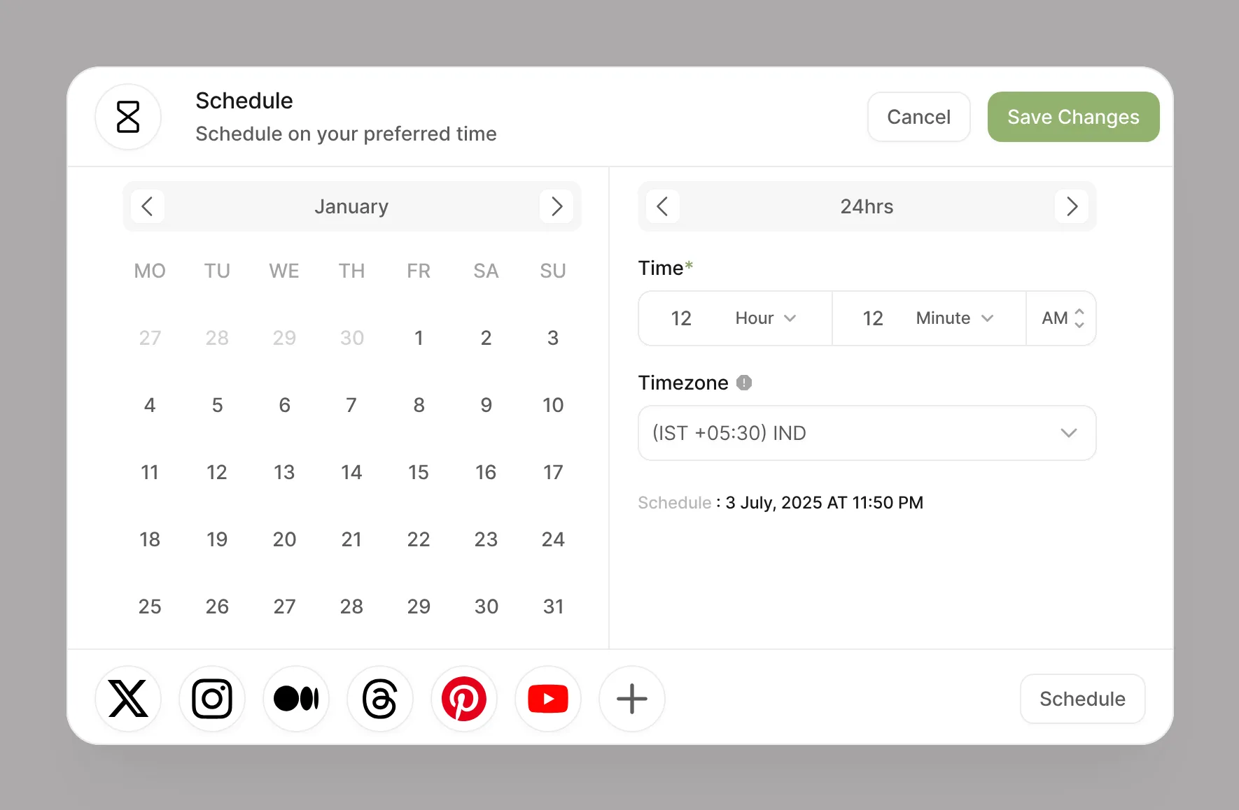 Plobbo schedule dialog: a calendar, time and timezone, and the platforms to post to